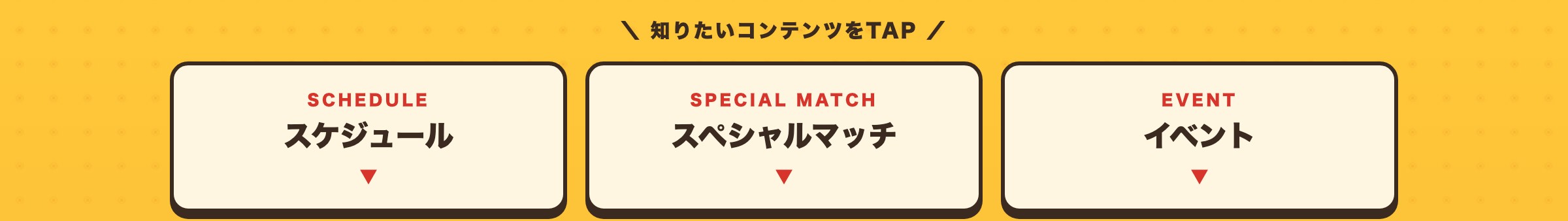 知りたいコンテンツをタップ：スケジュール／スペシャルマッチ／イベント
